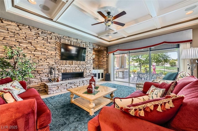 4719 Riva De Romanza St, Las Vegas, NV 89135 - living area with coffered ceiling, ceiling fan, a fireplace, beamed ceiling, and ornamental molding