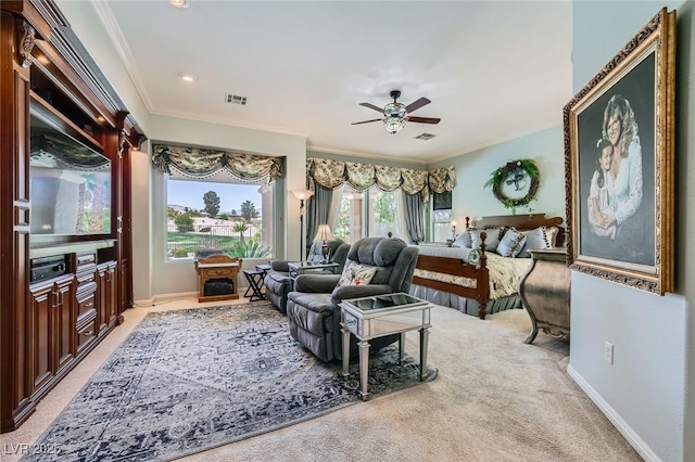 4719 Riva De Romanza St, Las Vegas, NV 89135 - living room featuring ceiling fan, light colored carpet, and crown molding