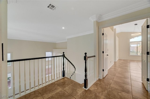 9772 Galahad Point Ct, Las Vegas, NV 89147 - hallway with tile patterned flooring, an upstairs landing, ornamental molding, baseboards, and recessed lighting