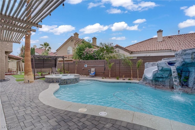 7621 Hackensack Ct, Las Vegas, NV 89128 - view of pool featuring a pergola, a water slide, a fenced backyard, a patio, and a pool with connected hot tub