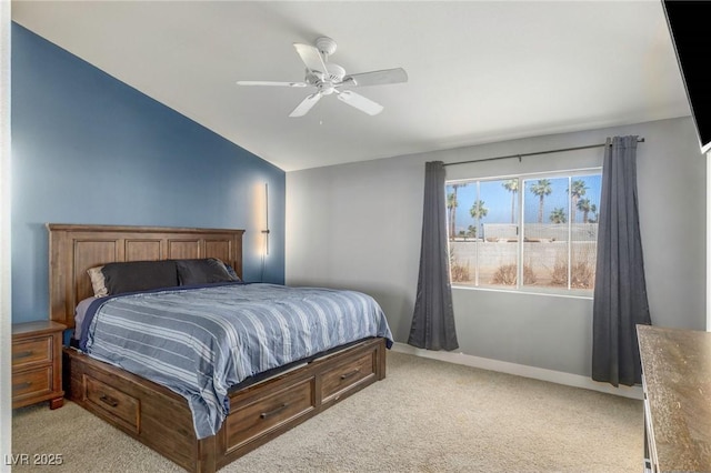 4878 Califa Dr, Las Vegas, NV 89122 - bedroom with light carpet, vaulted ceiling, ceiling fan, and baseboards