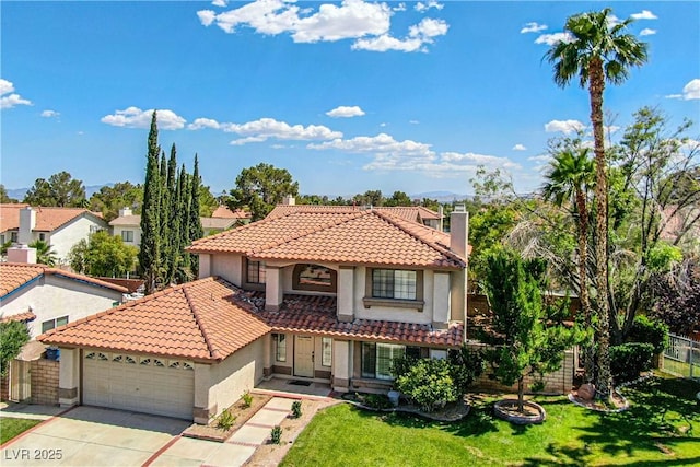 9021 Feather River Ct, Las Vegas, NV 89117 - mediterranean / spanish-style home with a tile roof, stucco siding, a garage, concrete driveway, and a chimney
