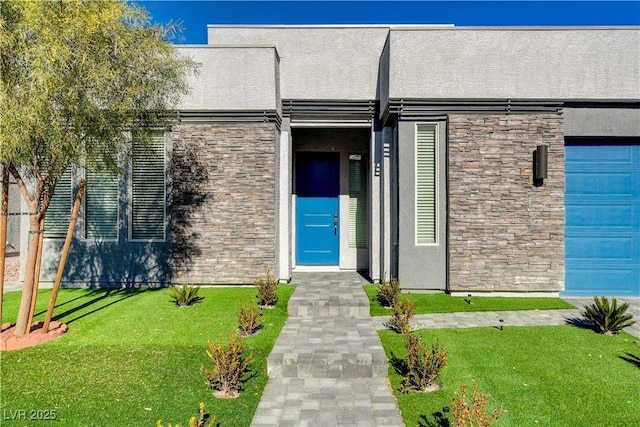 7208 Grace Estate Ave, Las Vegas, NV 89113 - doorway to property featuring stone siding, a garage, a lawn, and stucco siding