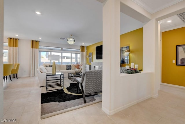 7208 Grace Estate Ave, Las Vegas, NV 89113 - tiled living area featuring crown molding, recessed lighting, baseboards, and a fireplace