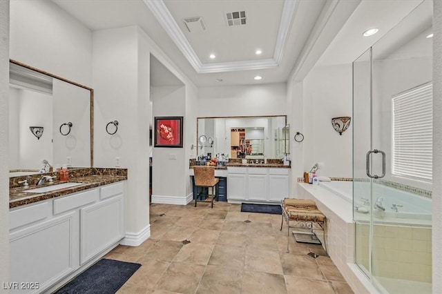 7408 Via Fiorentino St, Las Vegas, NV 89131 - full bath with ornamental molding, a shower stall, a bath, two vanities, and a tray ceiling