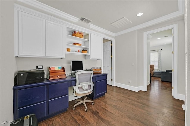 7408 Via Fiorentino St, Las Vegas, NV 89131 - office area with dark wood-style floors, ornamental molding, recessed lighting, and built in desk
