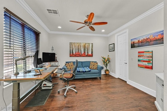 7408 Via Fiorentino St, Las Vegas, NV 89131 - office with a ceiling fan, wood finished floors, crown molding, and recessed lighting