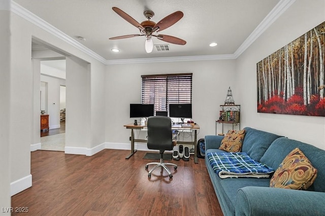 7408 Via Fiorentino St, Las Vegas, NV 89131 - office area featuring a ceiling fan, wood finished floors, crown molding, and recessed lighting