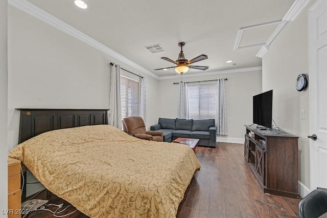 7408 Via Fiorentino St, Las Vegas, NV 89131 - bedroom with dark wood-style flooring, crown molding, recessed lighting, and ceiling fan