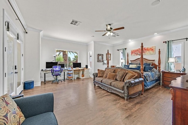7408 Via Fiorentino St, Las Vegas, NV 89131 - bedroom featuring an office area, french doors, dark wood-style floors, crown molding, and recessed lighting