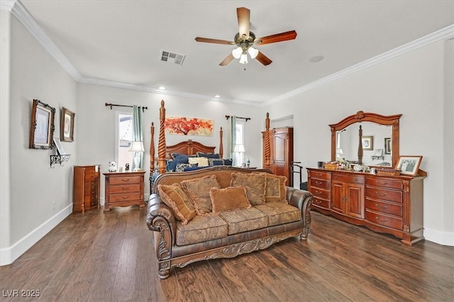 7408 Via Fiorentino St, Las Vegas, NV 89131 - bedroom with multiple windows, crown molding, dark wood finished floors, and a ceiling fan