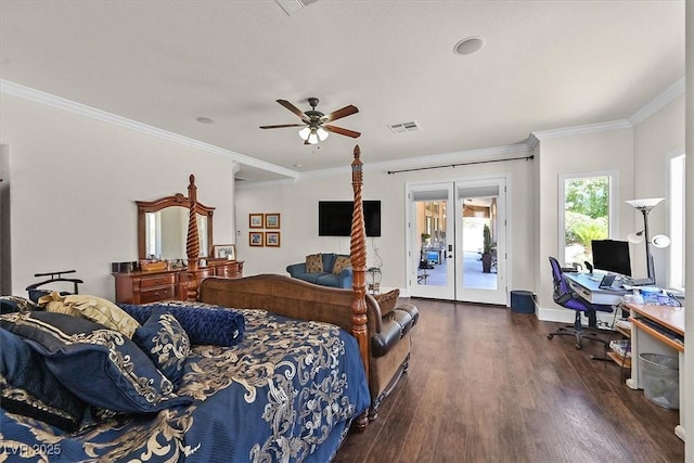 7408 Via Fiorentino St, Las Vegas, NV 89131 - bedroom with access to exterior, french doors, a desk, dark wood finished floors, and ornamental molding
