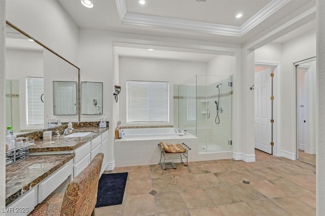 7408 Via Fiorentino St, Las Vegas, NV 89131 - bathroom featuring a stall shower, a garden tub, vanity, crown molding, and recessed lighting