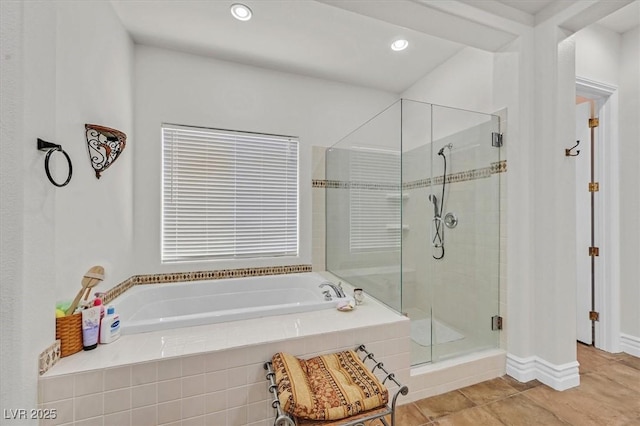 7408 Via Fiorentino St, Las Vegas, NV 89131 - bathroom with a garden tub, a shower stall, tile patterned flooring, and recessed lighting