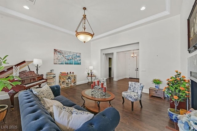 7408 Via Fiorentino St, Las Vegas, NV 89131 - living area featuring wood finished floors, crown molding, a fireplace, and recessed lighting