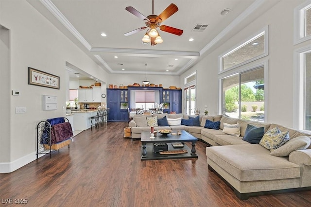 7408 Via Fiorentino St, Las Vegas, NV 89131 - living room featuring a ceiling fan, dark wood-style flooring, crown molding, and recessed lighting