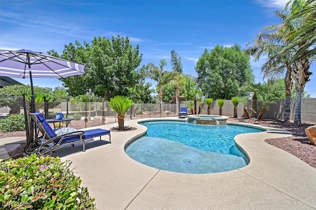 7408 Via Fiorentino St, Las Vegas, NV 89131 - view of swimming pool with a fenced backyard, a patio area, and a pool with connected hot tub