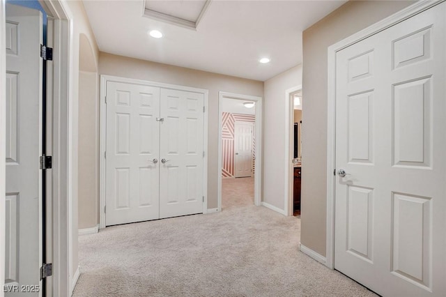 6402 Parrot Ridge Ct, Las Vegas, NV 89139 - corridor featuring carpet floors, baseboards, attic access, and recessed lighting