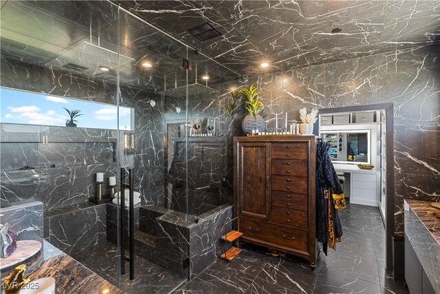 298 Grant Ridge Dr, Henderson, NV 89012 - full bathroom with marble tiled floors and a marble finish shower