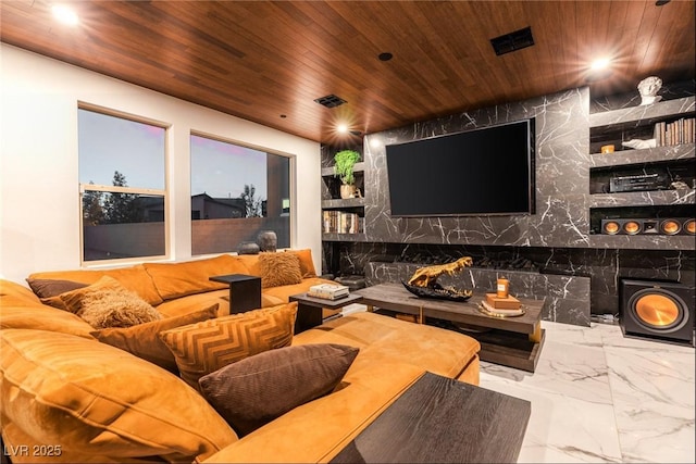 298 Grant Ridge Dr, Henderson, NV 89012 - home theater room featuring wooden ceiling, marble tiled flooring, and recessed lighting