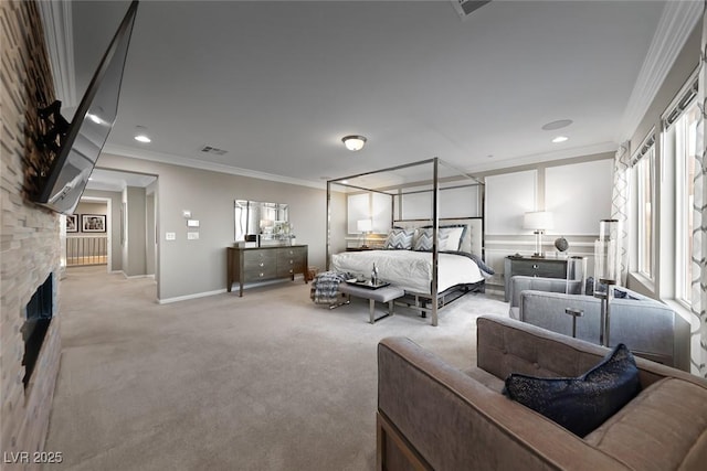 4702 Amazing View St, Las Vegas, NV 89129 - bedroom with ornamental molding, light colored carpet, a fireplace, and baseboards