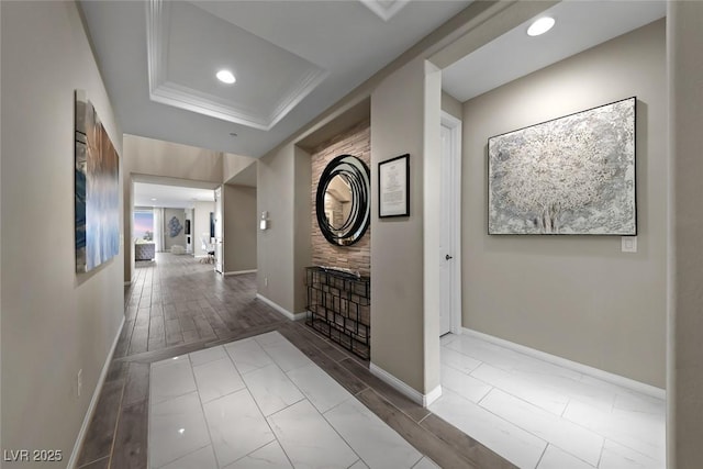 4702 Amazing View St, Las Vegas, NV 89129 - hall with baseboards, recessed lighting, and a raised ceiling