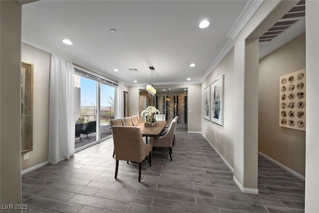 4702 Amazing View St, Las Vegas, NV 89129 - dining area featuring ornamental molding, wood finish floors, baseboards, and recessed lighting