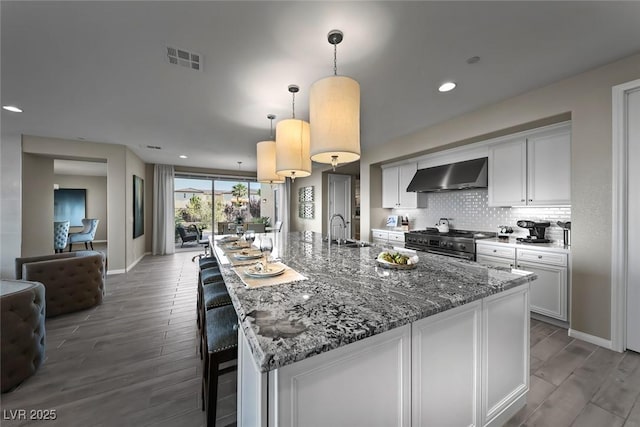 4702 Amazing View St, Las Vegas, NV 89129 - kitchen featuring wall chimney range hood, high end stove, a sink, wood finished floors, and light stone countertops