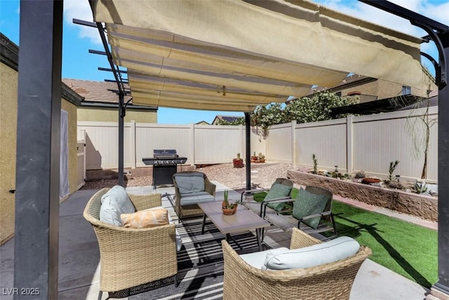 520 Blackbird Knoll Ct, North Las Vegas, NV 89084 - fenced backyard with an outdoor living space, a patio area, and grilling area