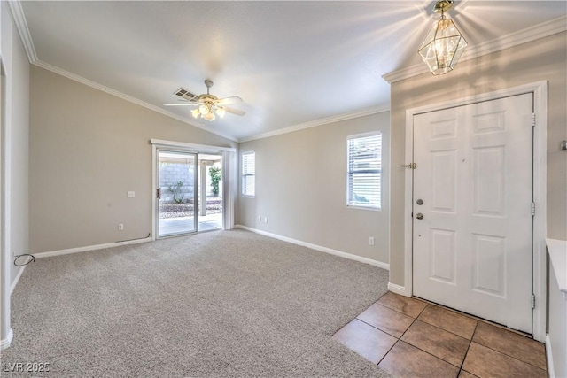 2177 Hidden Ranch Ter, Henderson, NV 89052 - entrance foyer with ornamental molding, carpet flooring, lofted ceiling, baseboards, and a chandelier