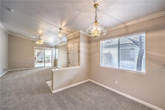 2177 Hidden Ranch Ter, Henderson, NV 89052 - spare room with a chandelier, carpet floors, ornamental molding, baseboards, and vaulted ceiling