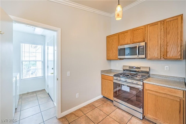 2177 Hidden Ranch Ter, Henderson, NV 89052 - kitchen with appliances with stainless steel finishes, ornamental molding, light tile patterned flooring, light countertops, and baseboards