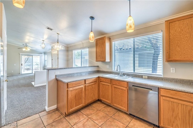 2177 Hidden Ranch Ter, Henderson, NV 89052 - kitchen with dishwasher, a sink, crown molding, a peninsula, and decorative light fixtures