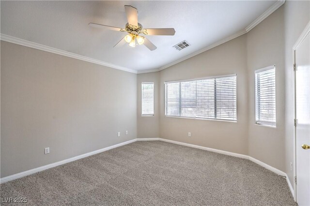 2177 Hidden Ranch Ter, Henderson, NV 89052 - carpeted empty room featuring lofted ceiling, ceiling fan, baseboards, and ornamental molding