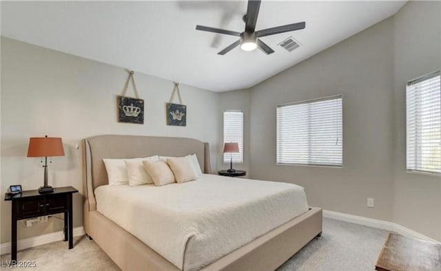 2177 Hidden Ranch Ter, Henderson, NV 89052 - bedroom featuring vaulted ceiling, light colored carpet, baseboards, and ceiling fan