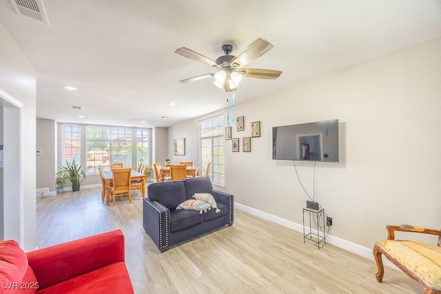 747 Canyon Crest Dr, Las Vegas, NV 89123 - living room with light wood-type flooring, baseboards, a ceiling fan, and recessed lighting