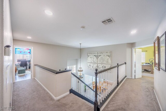 747 Canyon Crest Dr, Las Vegas, NV 89123 - hallway featuring an upstairs landing, carpet floors, baseboards, and recessed lighting