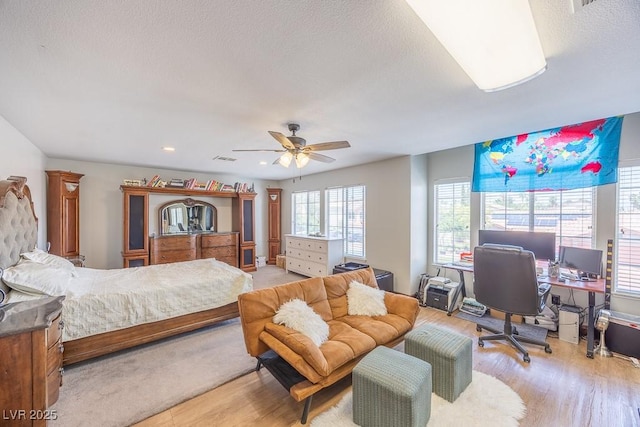 747 Canyon Crest Dr, Las Vegas, NV 89123 - bedroom featuring an office area, a textured ceiling, light wood-style flooring, a ceiling fan, and recessed lighting