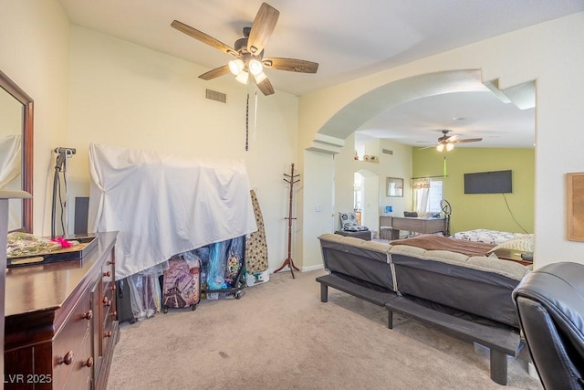 747 Canyon Crest Dr, Las Vegas, NV 89123 - carpeted bedroom featuring arched walkways and ceiling fan