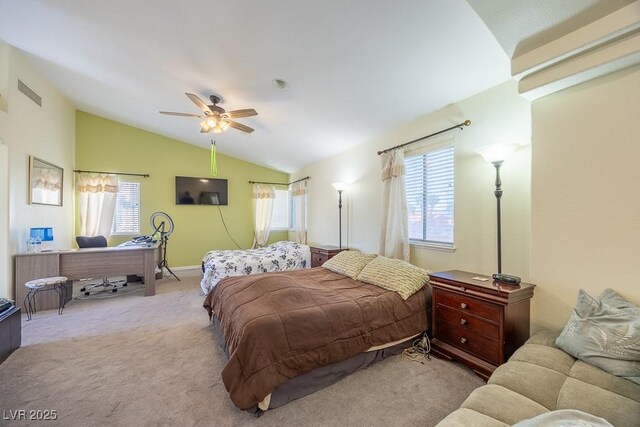 747 Canyon Crest Dr, Las Vegas, NV 89123 - bedroom featuring vaulted ceiling, multiple windows, carpet floors, ceiling fan, and an office area