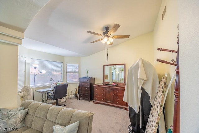 747 Canyon Crest Dr, Las Vegas, NV 89123 - living room featuring carpet flooring, ceiling fan, and vaulted ceiling