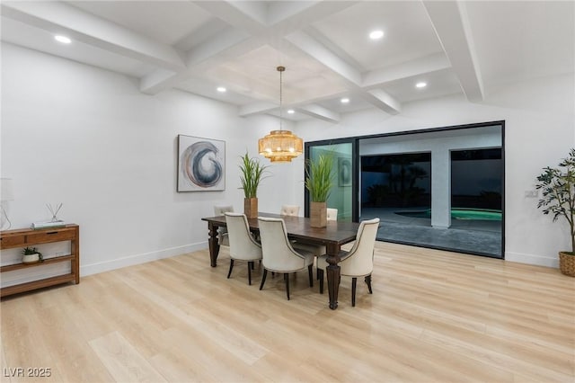 5225 Villa Dante Ave, Las Vegas, NV 89141 - dining space with light wood-style flooring, beam ceiling, recessed lighting, coffered ceiling, and a chandelier