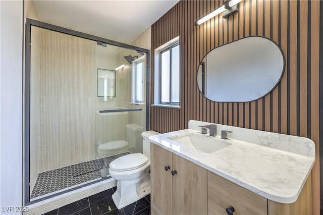 1805 Amboy Dr, Las Vegas, NV 89108 - bathroom with a shower stall, vanity, and wallpapered walls