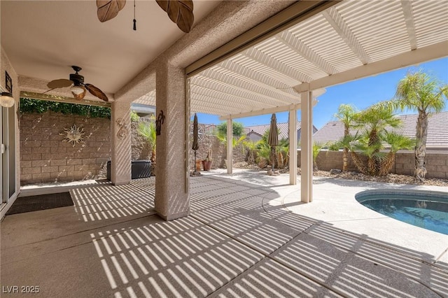 2221 River Grove Dr, Henderson, NV 89044 - fenced backyard with ceiling fan, a pergola, and a patio