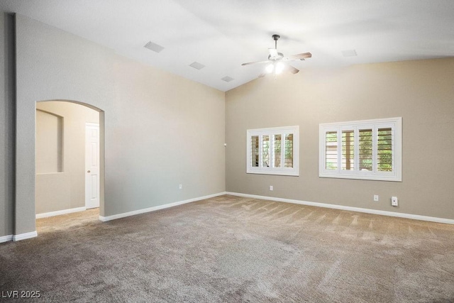 8340 Jeremiahs Lodge Ave, Las Vegas, NV 89131 - carpeted empty room featuring ceiling fan, arched walkways, high vaulted ceiling, and baseboards