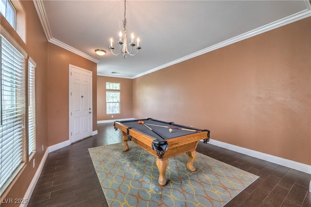 5528 Stone Lagoon St, North Las Vegas, NV 89031 - rec room with dark wood-style floors, crown molding, billiards table, and a chandelier