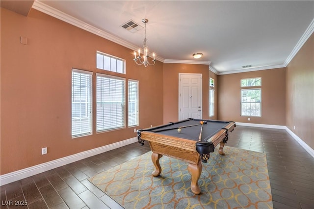 5528 Stone Lagoon St, North Las Vegas, NV 89031 - playroom featuring dark wood finished floors, crown molding, a chandelier, and billiards