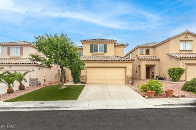 8221 Stoneheather Ct, Las Vegas, NV 89117 - mediterranean / spanish home with concrete driveway, an attached garage, stucco siding, stone siding, and a tiled roof