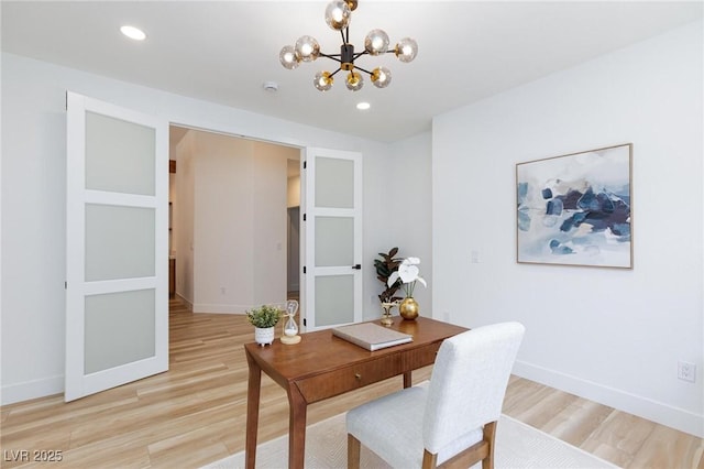 81 Alerion St, Las Vegas, NV 89138 - office space with light wood-style floors, a chandelier, baseboards, and recessed lighting