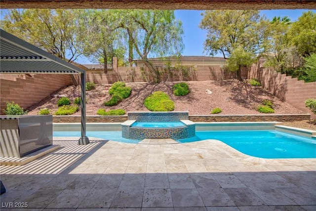 81 Alerion St, Las Vegas, NV 89138 - view of pool with a fenced backyard, a pool with connected hot tub, and a patio